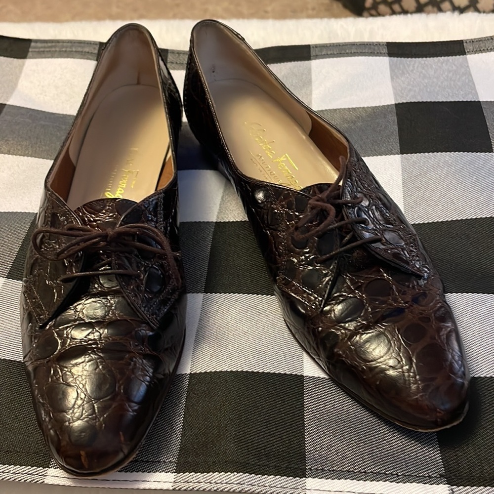 Salvatore Ferragamo lace up crocodile pattern brown loafer 9